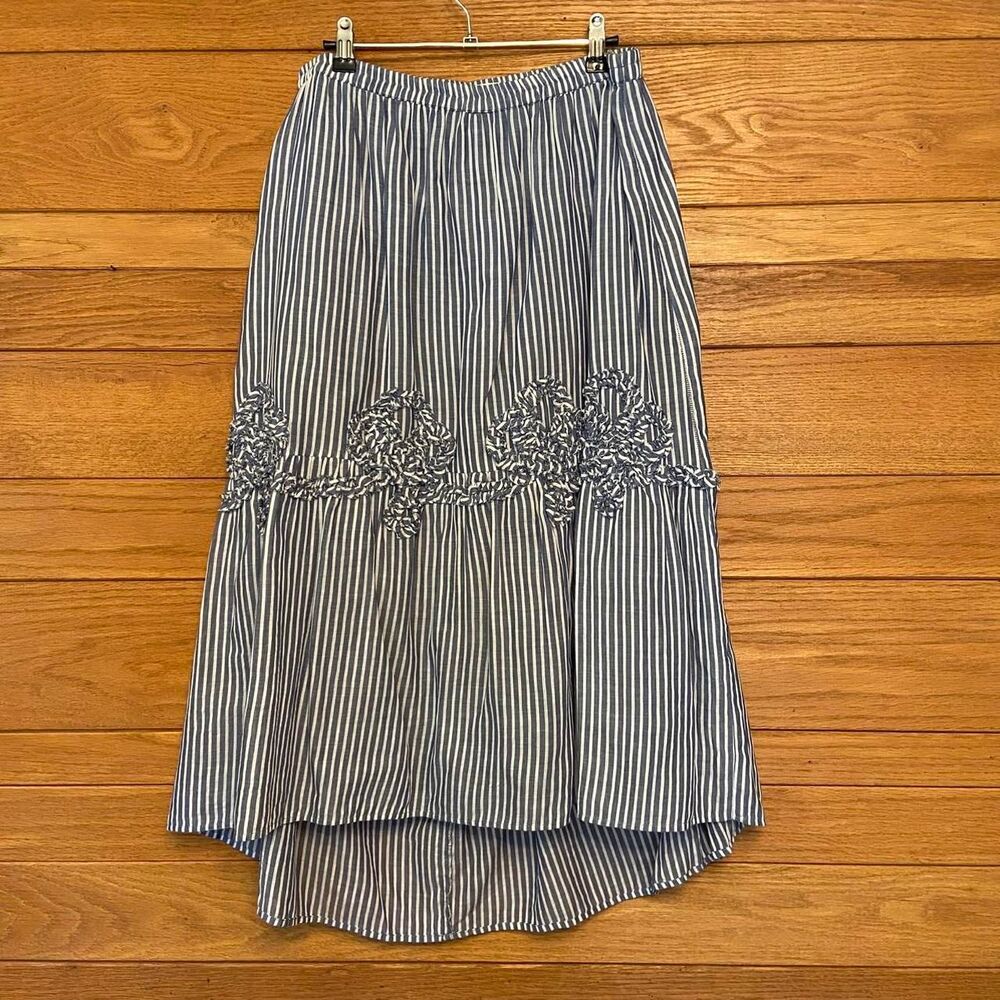 Y2K Studio West Apparel blue and white striped ruffle detail high low midi skirt